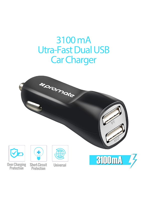 Promate CarKit-M Car Charger, 3.1A Dual USB Port Car Charger with Micro-USB Sync and Charger Cable, for Smartphone and Tablets, Black