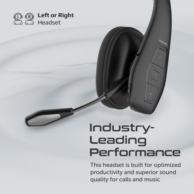 Promate Engage-Pro Wireless/Bluetooth Mono Over-Ear Headset with Mic, Black