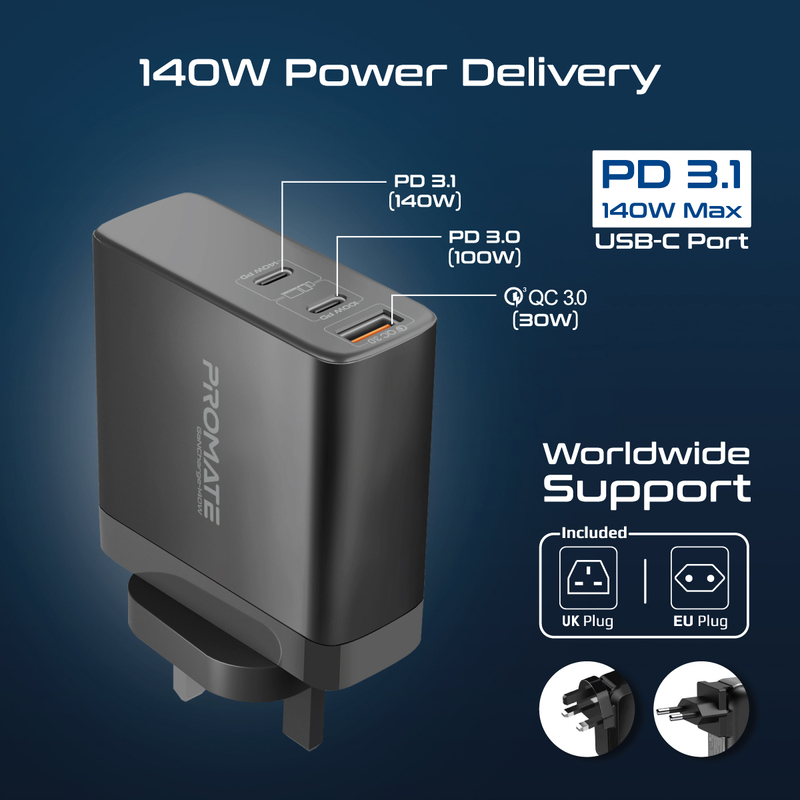 Promate GaN USB-C UK Wall Charger with 140W PD 3.1 Port, 100W PD 3.0 USB-C Port and 30W QC 3.0 Port, Black