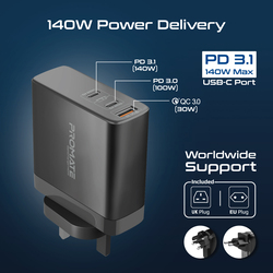 Promate GaN USB-C UK Wall Charger with 140W PD 3.1 Port, 100W PD 3.0 USB-C Port and 30W QC 3.0 Port, Black