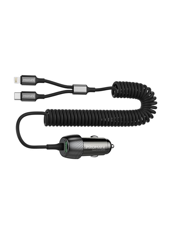 Promate 33W PD Car Charger with QC 3.0 Port, USB-C/Lightning Coiled Cable, PowerDrive-33PDCI, Black