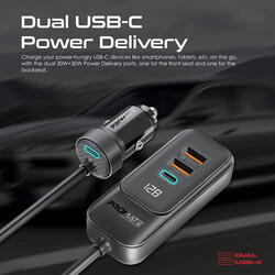 Promate Car Charger, Premium 120W DC Charger with Extended Fast-Charging Hub, Dual USB-C Power Delivery Ports, Dual Qualcomm QC 3.0 USB-A Ports and 1.5M Long Cable for iPhone 14, iPad Air