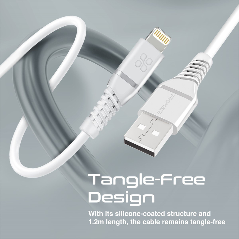 Promate 1.2-Meter High Tensile 2.4A Super-Fast Silicone Cord, USB Type A to Lightning Cable with 480 Mbps Data Sync for iPhone 13, iPad, AirPods Pro, PowerLine-Ai120, White