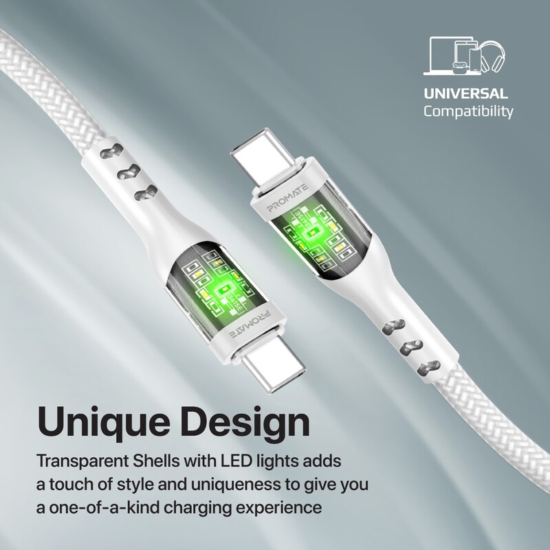 Promate USB-C to USB-C Cable, Premium 60W Power Delivery Type-C Cable with Transparent Shells, 480Mbps Data Sync and 120cm Nylon Braided Cord for Galaxy S22, iPad Air, Dell XPS 13, TransLine-CC.WHITE