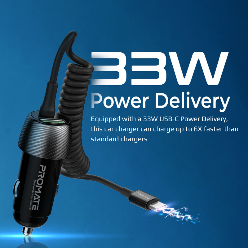 Promate 33W USB-C Car Charger with QC 3.0 Port and Coiled Cable, PowerDrive-33PDC, Black