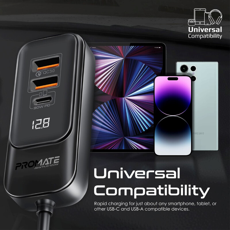 Promate Car Charger, Premium 120W DC Charger with Extended Fast-Charging Hub, Dual USB-C Power Delivery Ports, Dual Qualcomm QC 3.0 USB-A Ports and 1.5M Long Cable for iPhone 14, iPad Air