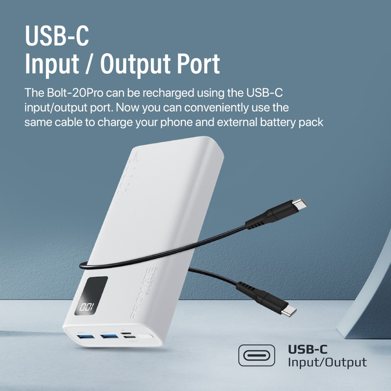 Promate Universal Ultra-Slim Portable Charger 20000mAh Power Bank with 10W USB-C Input/Output Port, White