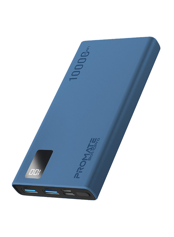 Promate Universal Ultra-Slim Portable Charger 10000mAh Power Bank with 10W USB-C Input/Output Port, Blue