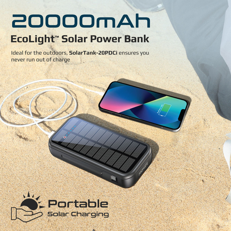 Promate 20000mAh Portable Battery Solar Power Bank, with Built-in 5V/2.1A USB-C and Lightning Cables, 20W USB-C Power Delivery and Dual QC 3.0 Ports, Black