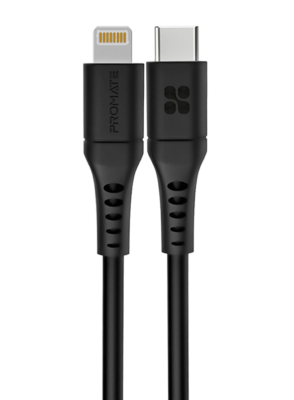 Promate 3-Meter Lightning Cable, Fast Charging 3A USB Type-C Male to Lightning, Anti-Tangle Cord for Apple Devices, Black
