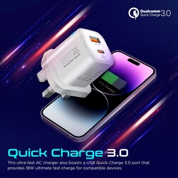 Promate Wall Charger, Compact 25W USB-C Power Delivery AC Charger with 18W QC 3.0 Charging Port, Adaptive Smart Charging and Short-Circuit Protection for iPhone 14, Galaxy S23, iPad Air