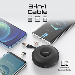 Promate 1-Meter 3-in-1 Magnetic Retractable Charging Cable, 60W USB-C Male, 18W Micro-USB Male, 20W Lightning Male Power Delivery and Sync Charge Cord for Smartphones & Tablets, Quiver Black