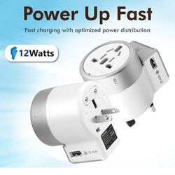 Promate Twist Travel Adapter Wall Charger with 2.4A 12W Dual USB Charging Port for UK/EU/AU/US/Smartphones/Laptops/Tablets, White