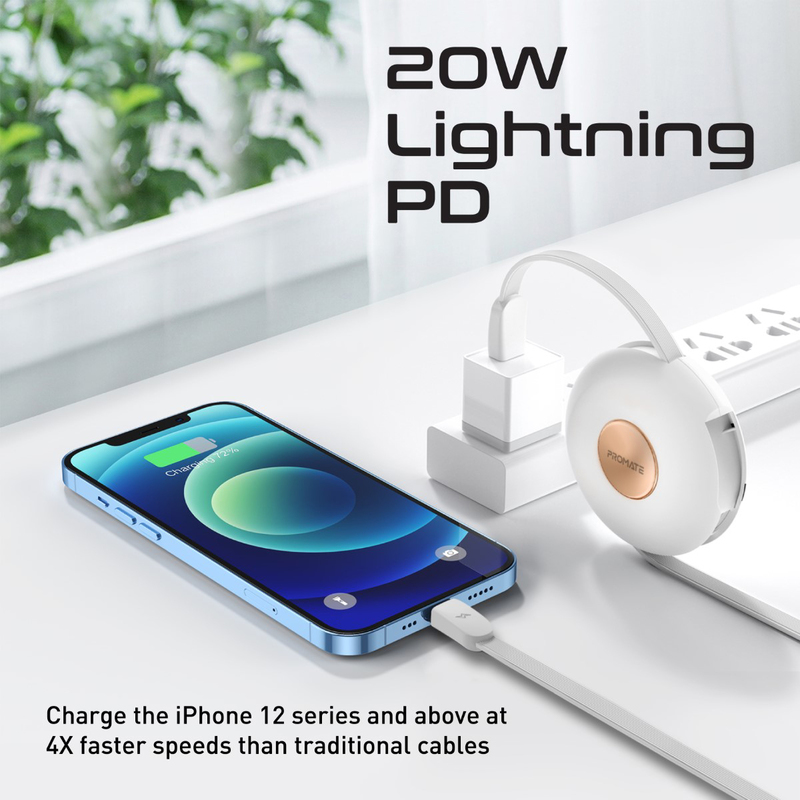 Promate 1-Meter 3-in-1 Magnetic Retractable Charging Cable, 60W USB-C Male, 18W Micro-USB Male, 20W Lightning Male Power Delivery and Sync Charge Cord for Smartphones & Tablets, Quiver White