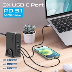 Promate USB-C GaN Charger with 140W Type-C Power Delivery 3.1 Port, 100W Power Delivery USB-C 3.1 Port, 30W Type-C Power Delivery 3.1 Port and 18W QC 3.0 USB Port for MacBook M2, iPhone 14
