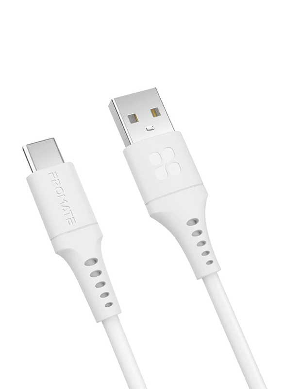 Promate 1.2-Meter Anti-Tangle Durable Silicone Charging Cable, 480 Mbps Data Sync USB Type A to USB Type-C with 3A Fast Charging for Samsung Galaxy S22, iPad Air, PowerLink-AC120, White