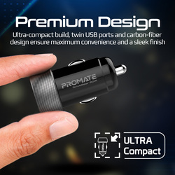 Promate USB-C Car Charger with 20W USB-C Power Delivery Port and 18W QC 3.0 USB Port, DriveGear-20W, Black
