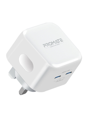 Promate GaN USB-C Charger with 45W Dual USB-C Power Delivery Ports and Short-Circuit Protection, White