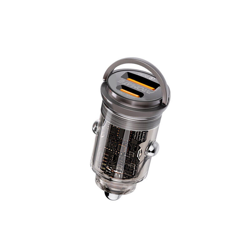 

Promate Car Charger, Transparent 65W Ultra-Compact Car Adapter with USB Type-C Power Delivery Port, Qualcomm QC 3.0 USB-A Port, Mini Handle and Heat P