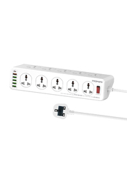 Promate 10 Outlets UK Plug Wall Charger with 4 USB 18W Charging Port and 3-Meter Cable, PowerMatrix-3M, White