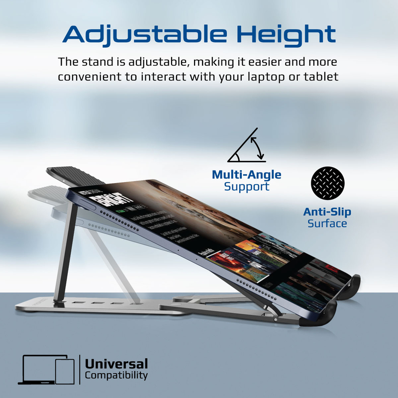 Promate Optimized Air Ventilation Laptop Stand with Adjustable Height and Foldable Design, Grey