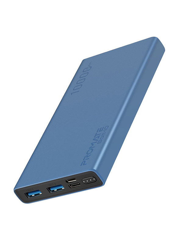 Promate 10000mAh Bolt-10 Portable Fast Charging 2.0A Dual USB Premium Battery Power Bank, with Input USB Type-C Port, Over Charging Protection, Blue