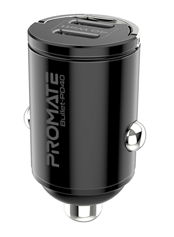 Promate USB-C Car Charger Ultra-Compact Fast 40W Power Delivery Adapter with Dual USB-C Ports, Black