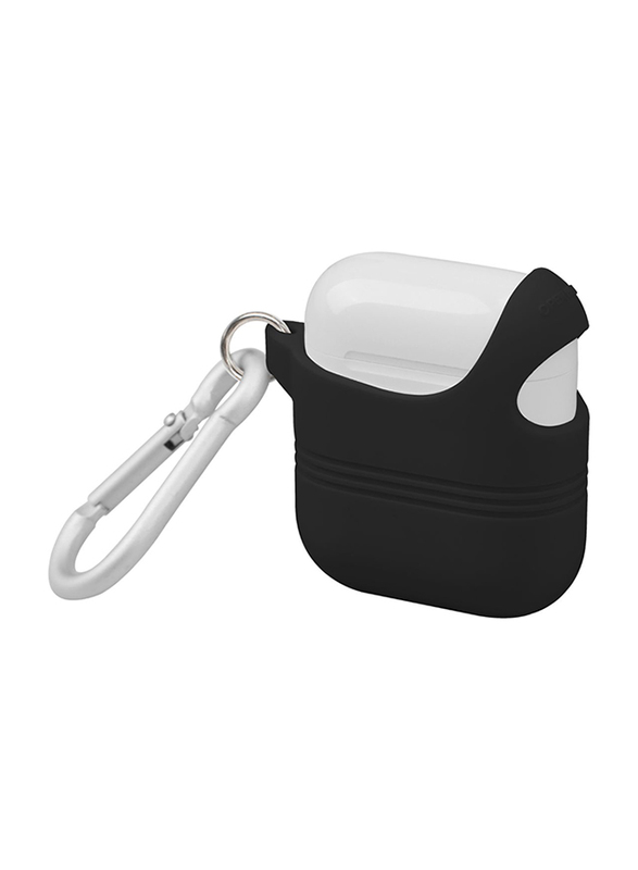 Promate VeilCase Silicone Case for Apple AirPods/AirPods 2, Stylish Semi-Body Soft Slim Fit Cover with Secure Lid Strap, Shockproof Protection and Quick-Snap Carabiner Access, Black