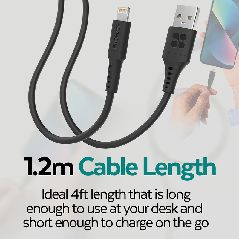 Promate 1.2-Meter 480 Mbps Data Sync Cord, USB Type A to Lightning Cable with 2.4V Output, PowerLink-Ai120, Black