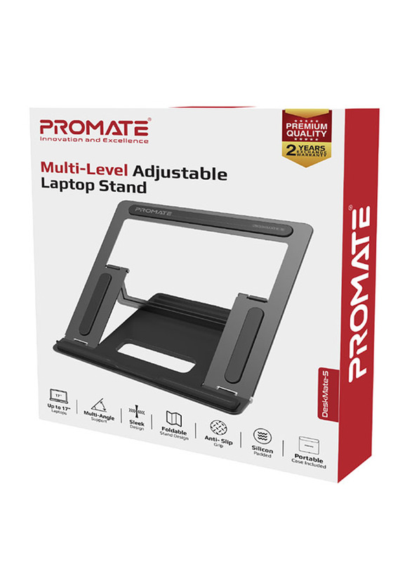 Promate Desk Mate 5 Aluminum Stand for Laptops Up to 17-inch, Anti-Slip Silicon Pads and Foldable Design, Silver