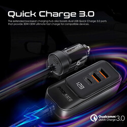 Promate Car Charger, Premium 120W DC Charger with Extended Fast-Charging Hub, Dual USB-C Power Delivery Ports, Dual Qualcomm QC 3.0 USB-A Ports and 1.5M Long Cable for iPhone 14, iPad Air