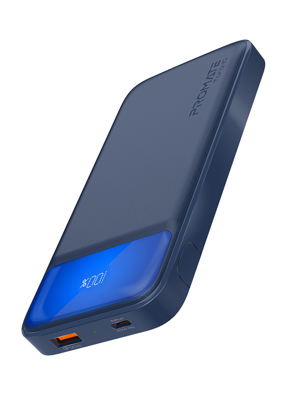 Promate 10000mAh Power Bank with Kickstand 20W USB-C PD Port and QC 3.0 18W Port, Navy Blue