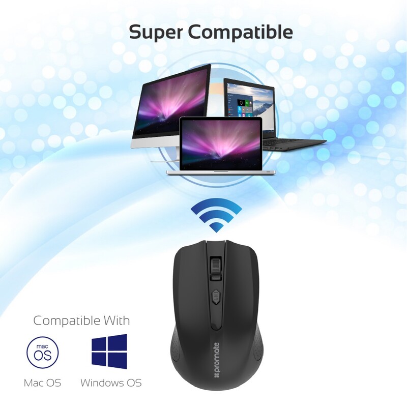 Promate CLIX-8 2.4G Optical Wireless Mouse, Portable, USB Nan Receiver 10m Working Distance, Auto Sleep Function and 3 Adjustable DPI Level, Black