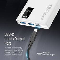 Promate Universal Ultra-Slim Portable Charger 10000mAh Power Bank with 10W USB-C Input/Output Port, White