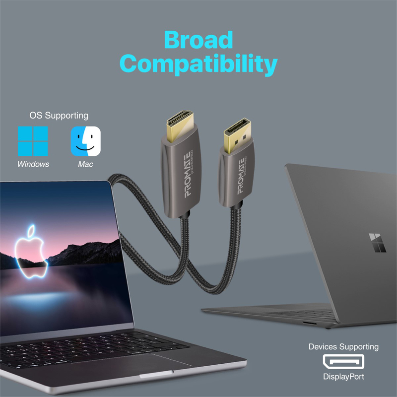 Promate 2-Meter Nylon Cable, 18Gbps Transfer Speed Display to HDMI Cable with 4K@60Hz Display, ProLink-DP-200, Black