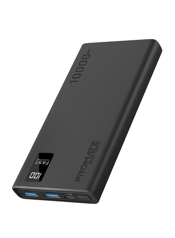 Promate Universal Ultra-Slim Portable Charger 10000mAh Power Bank with 10W USB-C Input/Output Port, Black