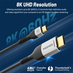 Promate USB-C to HDMI Cable, Ultra HD 8k 60hz Type-C (Thunderbolt-4) to HDMI Cable with 48Gbps Transmission and 10000+ Bend Lifespan for MacBook Pro, iPad Air, Dell XPS 13, Galaxy S22, MediaCord-8K