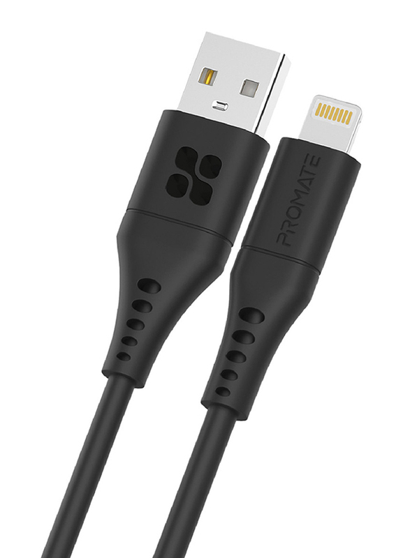 Promate 2-Meter 480 Mbps Data Sync Cord, USB Type A to Lightning Cable with 2.4V Output, PowerLink-Ai200, Black