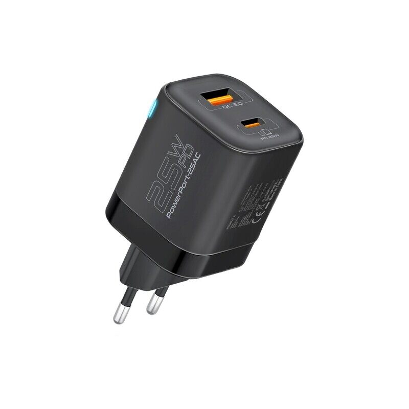 

Promate Wall Charger, Compact 25W USB-C Power Delivery AC Charger with 18W QC 3.0 Charging Port, Adaptive Smart Charging and Short-Circuit Protection