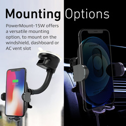 Promate Wireless Car Charger Mount with 15W Qi Smart Coil Alignment and Auto-Clamping, PowerMount-15W, Black