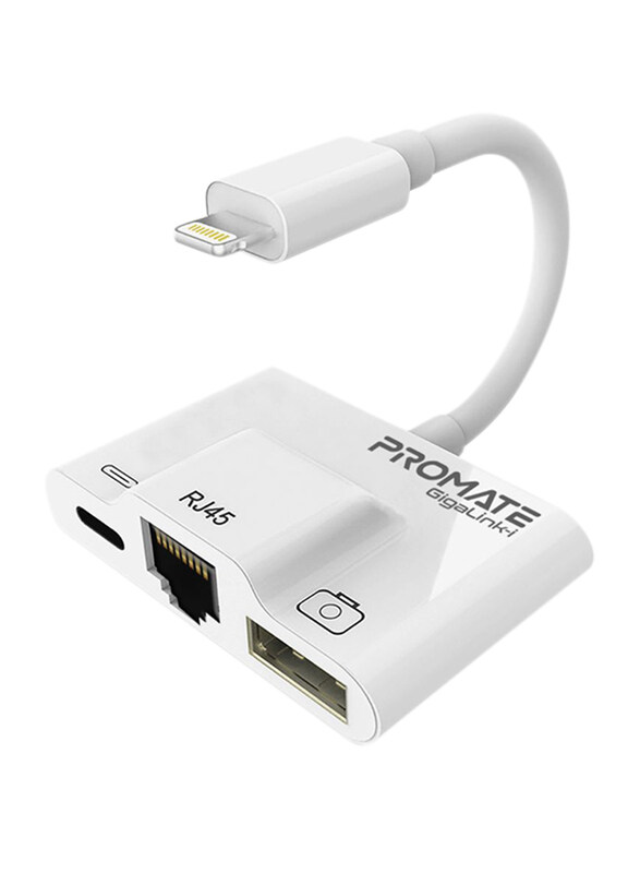 

Promate GigaLink-I Lightning Hub, 3 in 1 RJ45 Ethernet LAN Wired Network Adapter, USB OTG Camera Adapter Kit, 2A Pass-Through Charging, Syncing Adapte