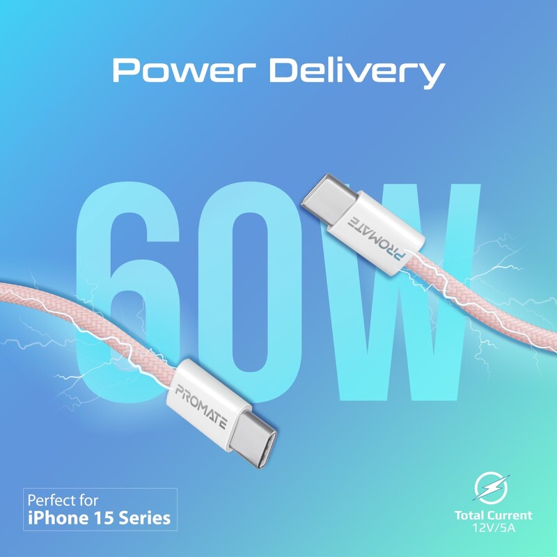 Promate USB-C to USB-C Cable, Premium 60W Power Delivery Fast Charging Cable with 480Mbps Data Sync and 120cm Anti-Tangle Nylon Braided Cord for iPhone 15, Galaxy S23, iPad Air, Dell XPS 17
