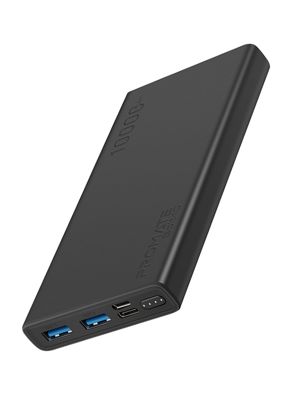 Promate 10000mAh Bolt-10 Portable Fast Charging 2.0A Dual USB Premium Battery Power Bank, with Input USB Type-C Port, Over Charging Protection, Black