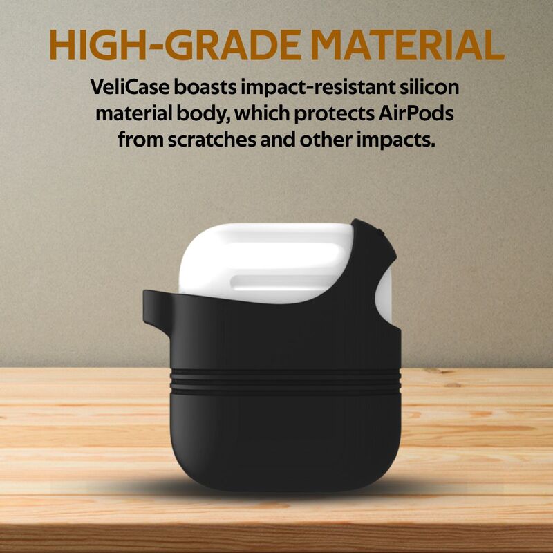 Promate VeilCase Silicone Case for Apple AirPods/AirPods 2, Stylish Semi-Body Soft Slim Fit Cover with Secure Lid Strap, Shockproof Protection and Quick-Snap Carabiner Access, Black