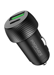 Promate USB-C Car Charger with 20W USB-C Power Delivery Port and 18W QC 3.0 USB Port, DriveGear-20W, Black