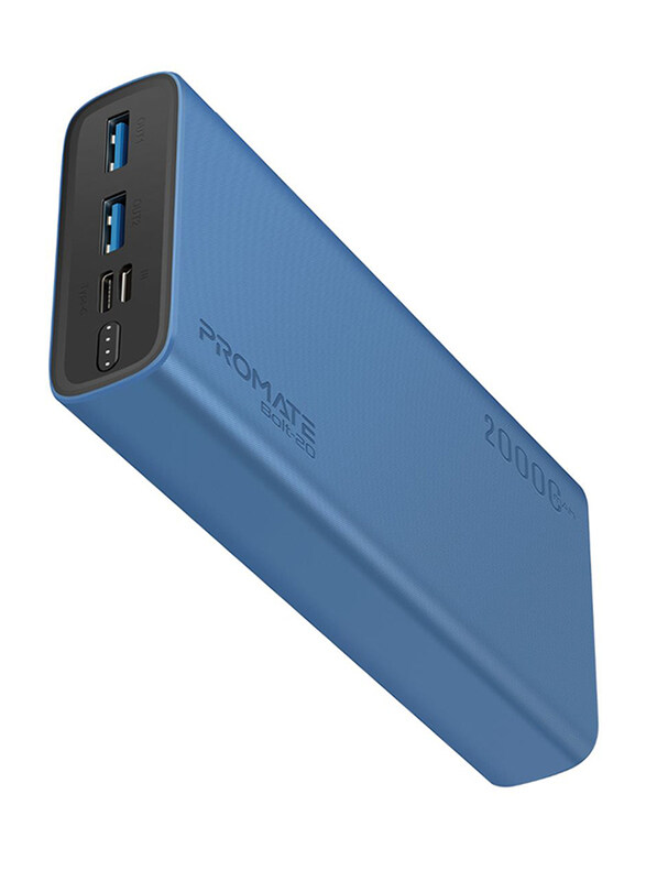 

Promate 20000mAh Bolt-20 Fast Charging Portable Power Bank, with 2A Dual USB Port, Over-Charging Protection and USB-C, Micro USB Input Port, Blue