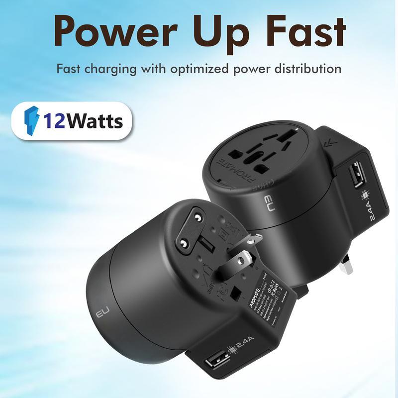 Promate Twist Travel Adapter Wall Charger with 2.4A 12W Dual USB Charging Port for UK/EU/AU/US/Smartphones/Laptops/Tablets, Black