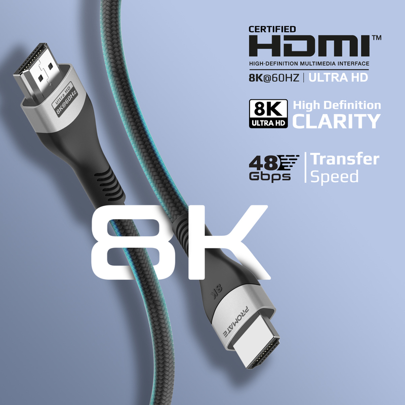 Promate HDMI 2.1 Cable, 3m HDMI to HDMI Slim Cable with 48Gbps Bandwidth, 8K@60Hz Resolution, UHD Dynamic HDR eARC Wire for MacBook Pro, PS5, TV, Xbox, Roku, UHD TV, Blu-ray Projector, PrimeLink8K-300