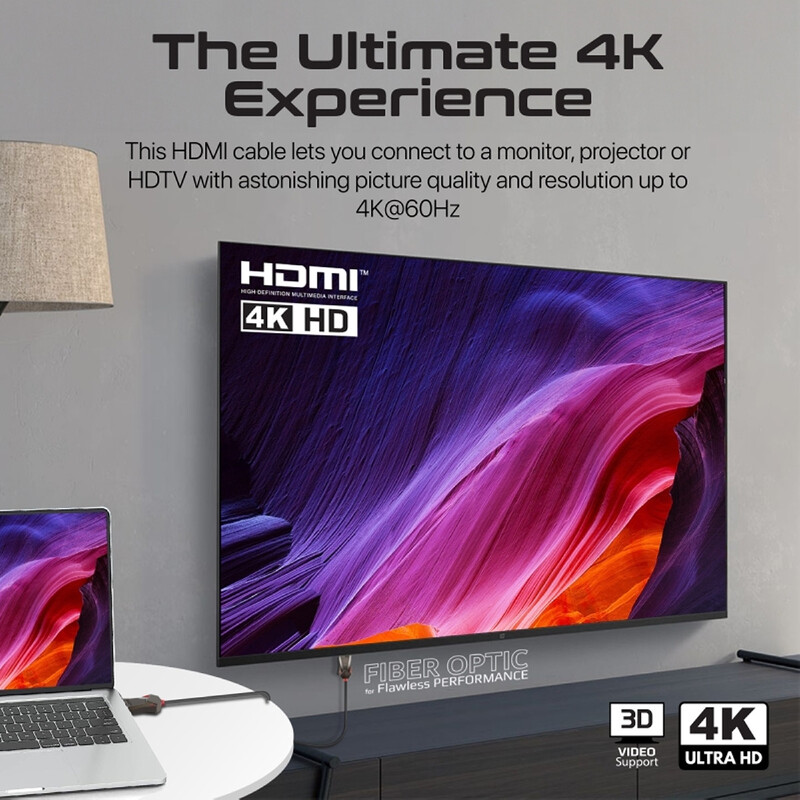 Promate HDMI 2.0 Cable, 4K@60Hz HDMI to HDMI Unidirectional Cable with 3D Video Support, 18Gbps Bandwidth, Ethernet, 15M Fiber Optic Cable and Gold-Plated Connectors for Laptops, Monitors