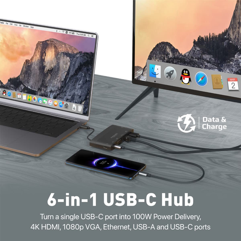 Promate 6-Port USB Hub for MacBook Pro, iPad Air, Galaxy S22, MediaHub-C6, Black